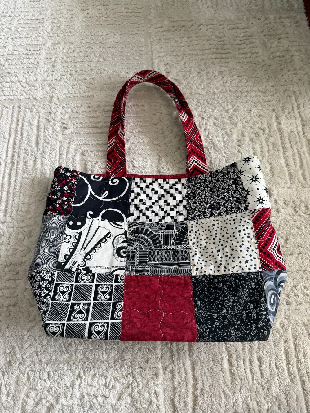 Patchwork Boho Tote Bag Red Black White Mixed Print Eclectic